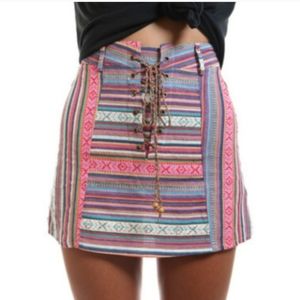Western Boho patterned lace up mini skirt